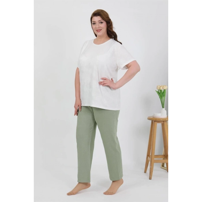 venüsshopping- Kadın Büyük Beden Kısa Kol Penye Pijama Takımı Beyaz