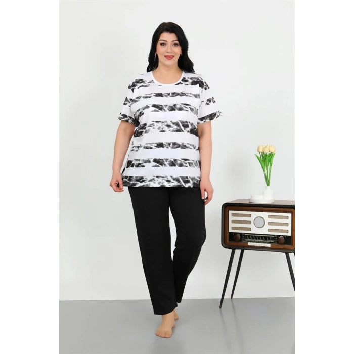 venüsshopping- Kadın Büyük Beden Kısa Kol Penye Pijama Takımı Beyaz