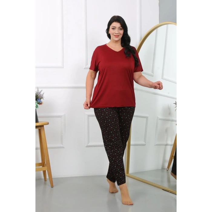 venüsshopping- Kadın Büyük Beden Kısa Kol Penye Pijama Takımı Bordo