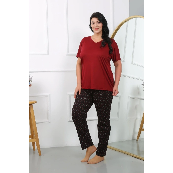 venüsshopping- Kadın Büyük Beden Kısa Kol Penye Pijama Takımı Bordo