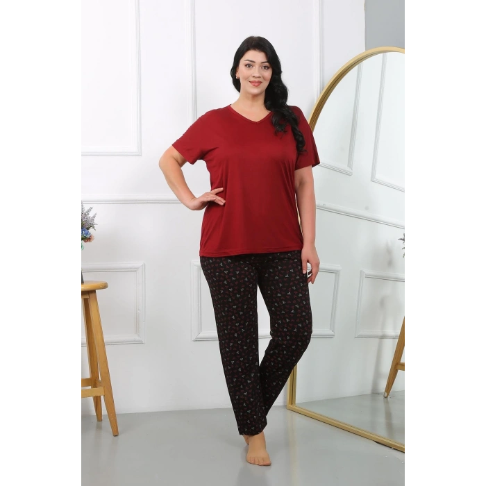 venüsshopping- Kadın Büyük Beden Kısa Kol Penye Pijama Takımı Bordo