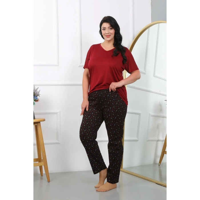 venüsshopping- Kadın Büyük Beden Kısa Kol Penye Pijama Takımı Bordo