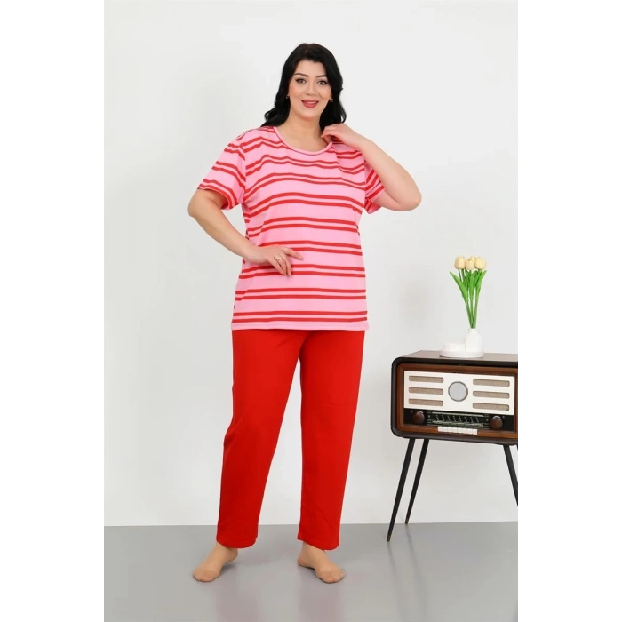 venüsshopping- Kadın Büyük Beden Kısa Kol Penye Pijama Takımı Kırmızı