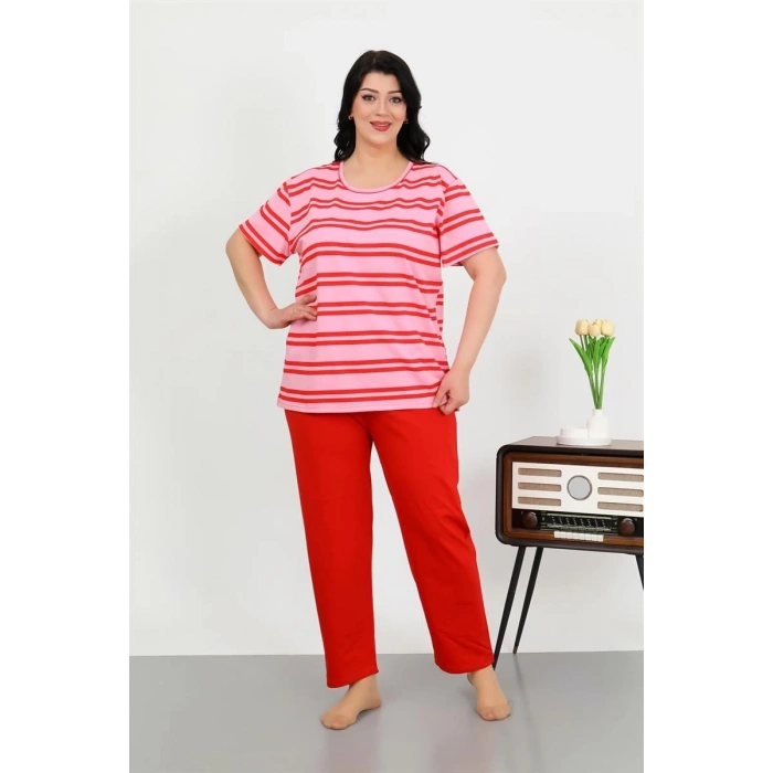 venüsshopping- Kadın Büyük Beden Kısa Kol Penye Pijama Takımı Kırmızı