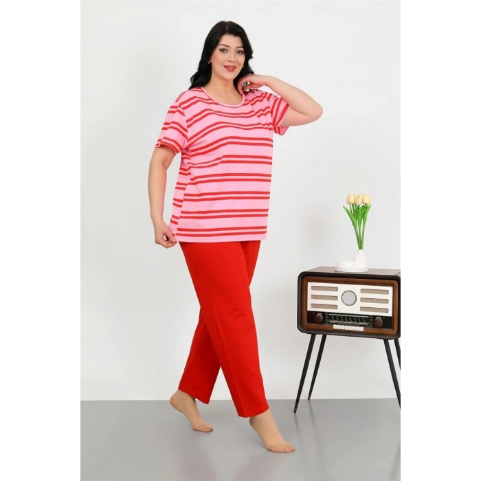 venüsshopping- Kadın Büyük Beden Kısa Kol Penye Pijama Takımı Kırmızı