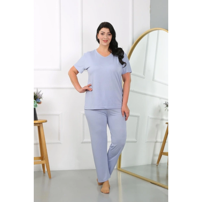 venüsshopping- Kadın Büyük Beden Kısa Kol Penye Pijama Takımı Lila