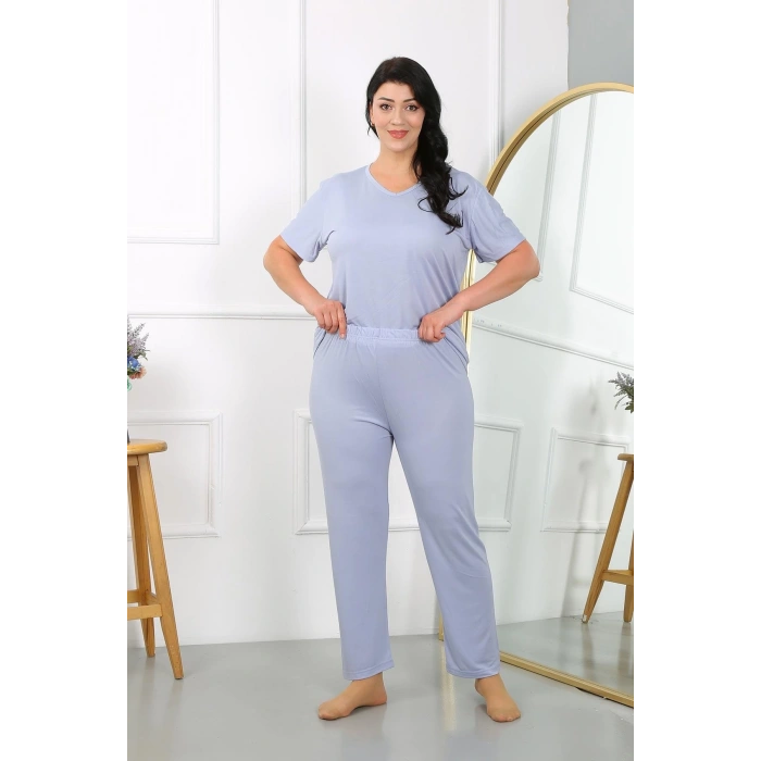 venüsshopping- Kadın Büyük Beden Kısa Kol Penye Pijama Takımı Lila