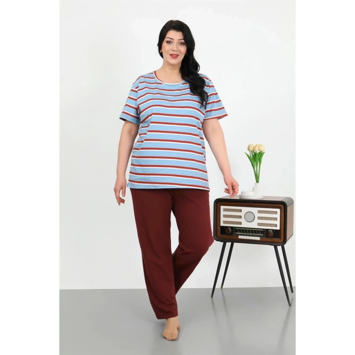 venüsshopping- Kadın Büyük Beden Kısa Kol Penye Pijama Takımı Mavi