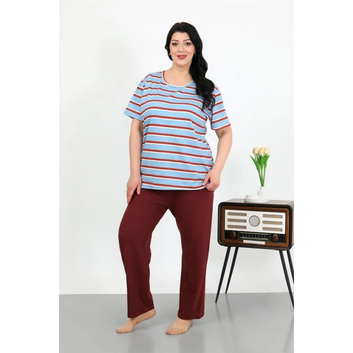 venüsshopping- Kadın Büyük Beden Kısa Kol Penye Pijama Takımı Mavi