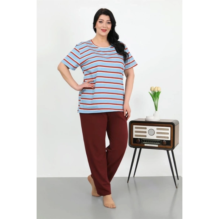 venüsshopping- Kadın Büyük Beden Kısa Kol Penye Pijama Takımı Mavi