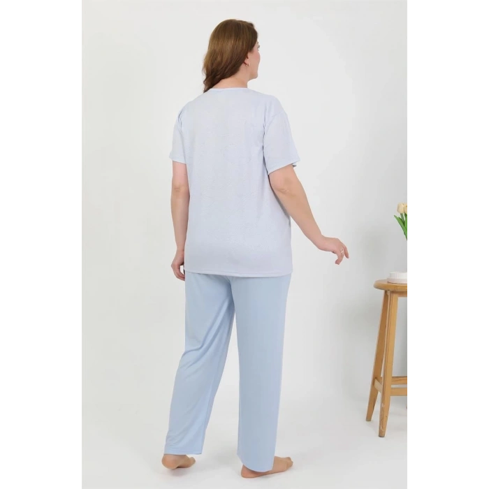 venüsshopping- Kadın Büyük Beden Kısa Kol Penye Pijama Takımı Mavi