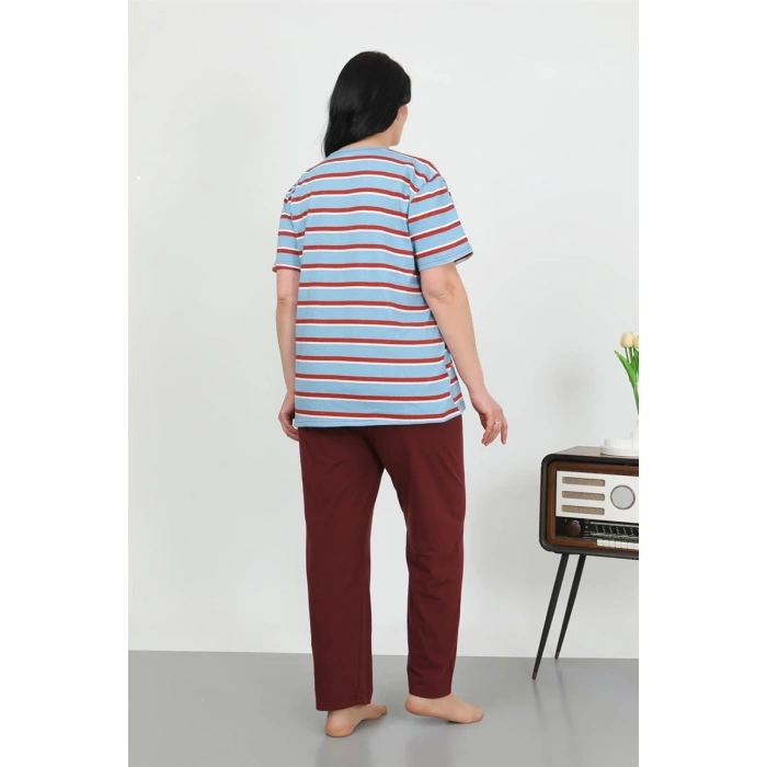 venüsshopping- Kadın Büyük Beden Kısa Kol Penye Pijama Takımı Mavi