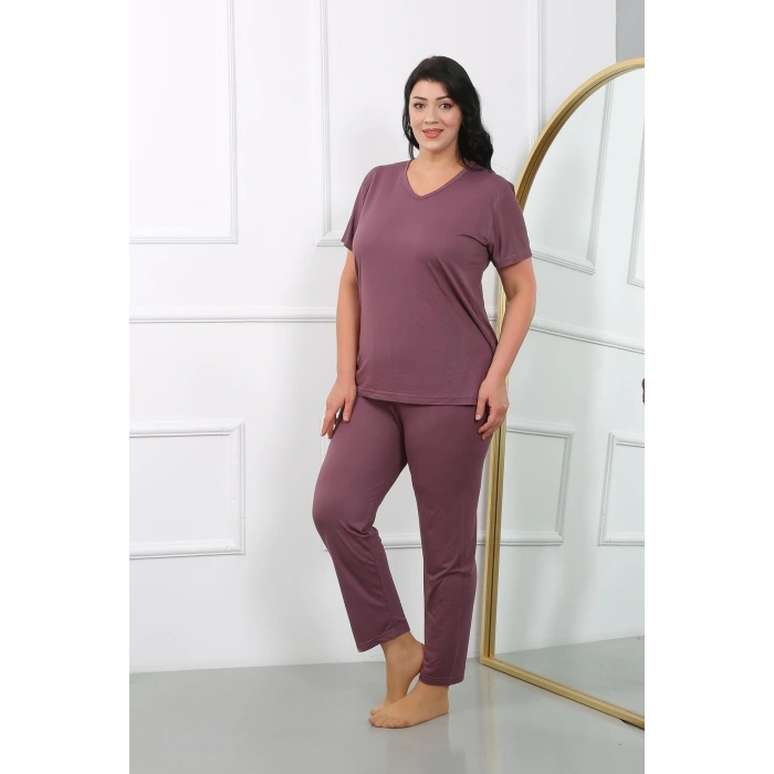 venüsshopping- Kadın Büyük Beden Kısa Kol Penye Pijama Takımı Mürdüm