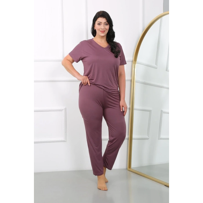 venüsshopping- Kadın Büyük Beden Kısa Kol Penye Pijama Takımı Mürdüm