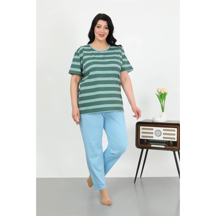 venüsshopping- Kadın Büyük Beden Kısa Kol Penye Pijama Takımı Petrol