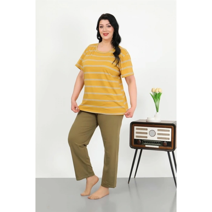 venüsshopping- Kadın Büyük Beden Kısa Kol Penye Pijama Takımı Sarı