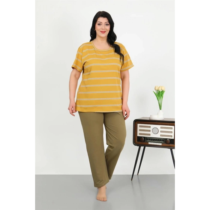 venüsshopping- Kadın Büyük Beden Kısa Kol Penye Pijama Takımı Sarı