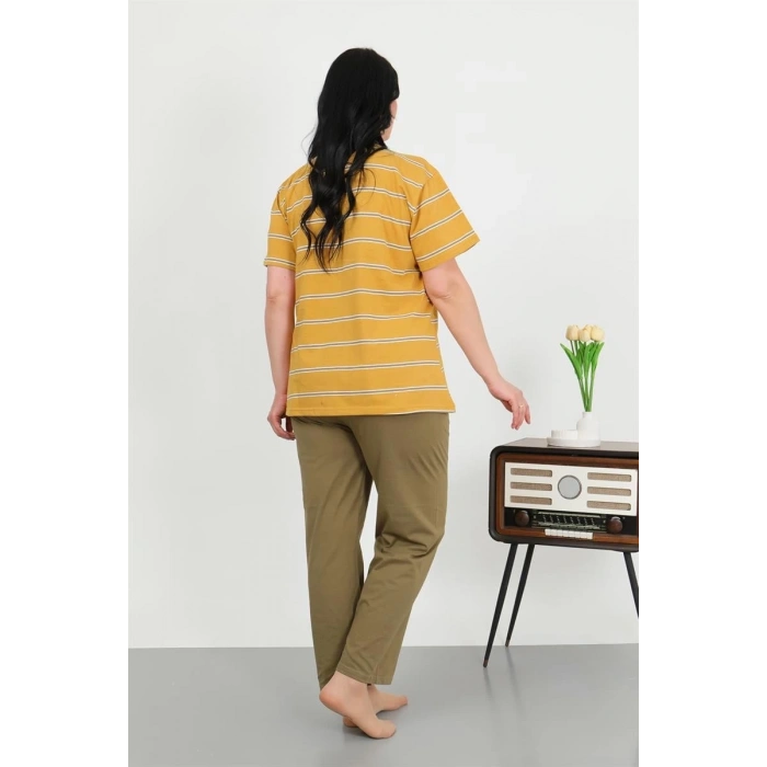 venüsshopping- Kadın Büyük Beden Kısa Kol Penye Pijama Takımı Sarı