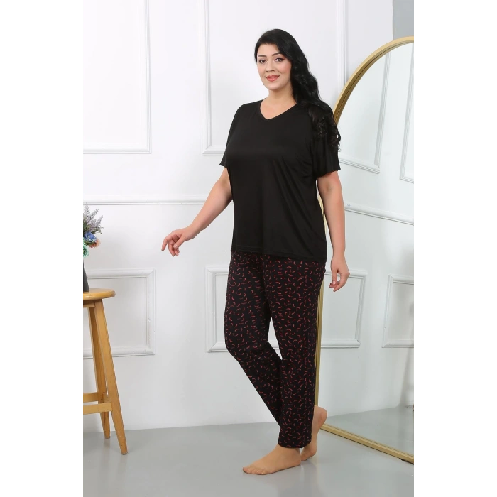 venüsshopping- Kadın Büyük Beden Kısa Kol Penye Pijama Takımı Siyah