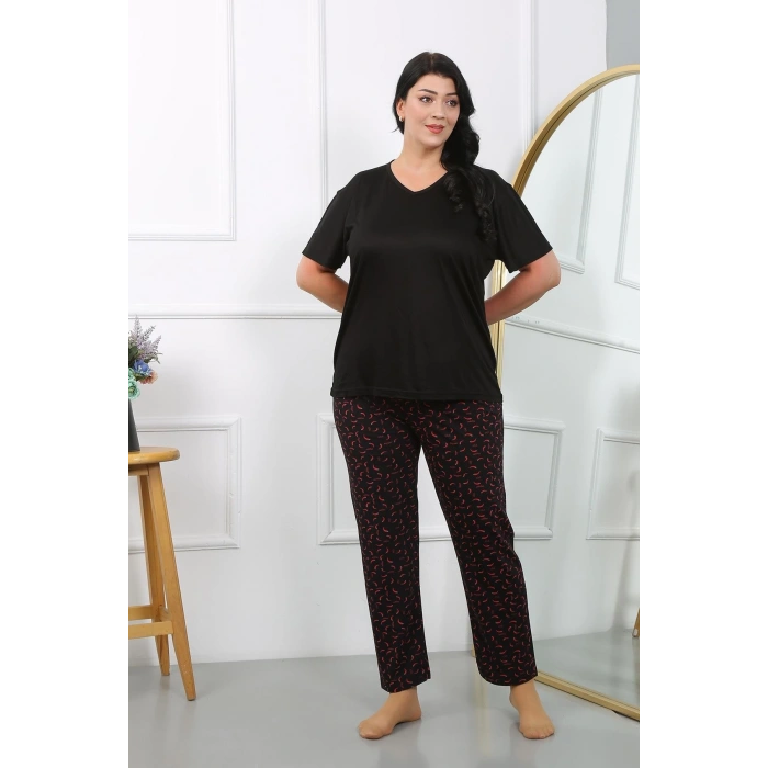 venüsshopping- Kadın Büyük Beden Kısa Kol Penye Pijama Takımı Siyah