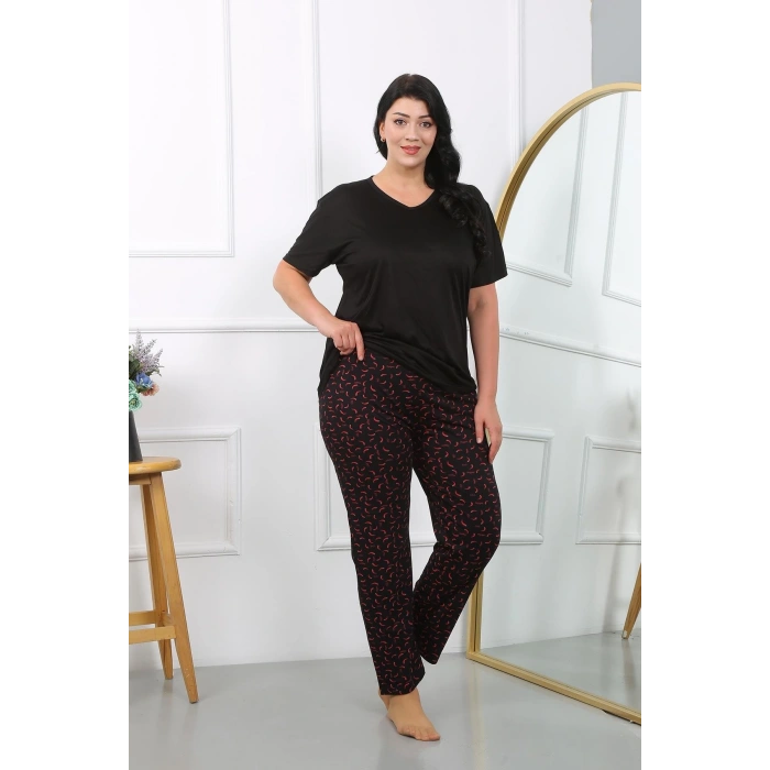 venüsshopping- Kadın Büyük Beden Kısa Kol Penye Pijama Takımı Siyah