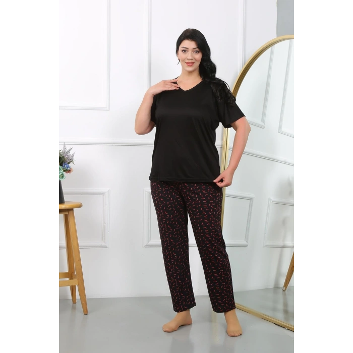 venüsshopping- Kadın Büyük Beden Kısa Kol Penye Pijama Takımı Siyah