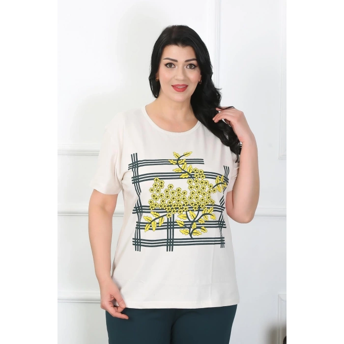 venüsshopping- Kadın Büyük Beden Krem Pijama Takımı