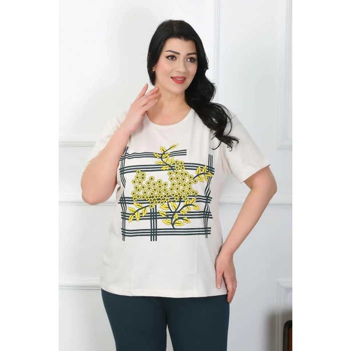 venüsshopping- Kadın Büyük Beden Krem Pijama Takımı