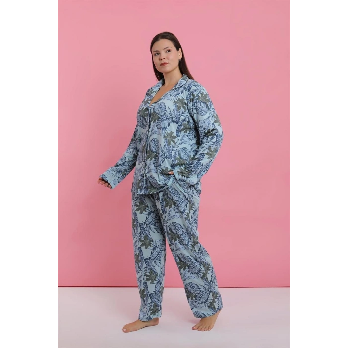venüsshopping- Kadın Büyük Beden Mavi Tropikal Desenli Düğmeli Pijama Takımı
