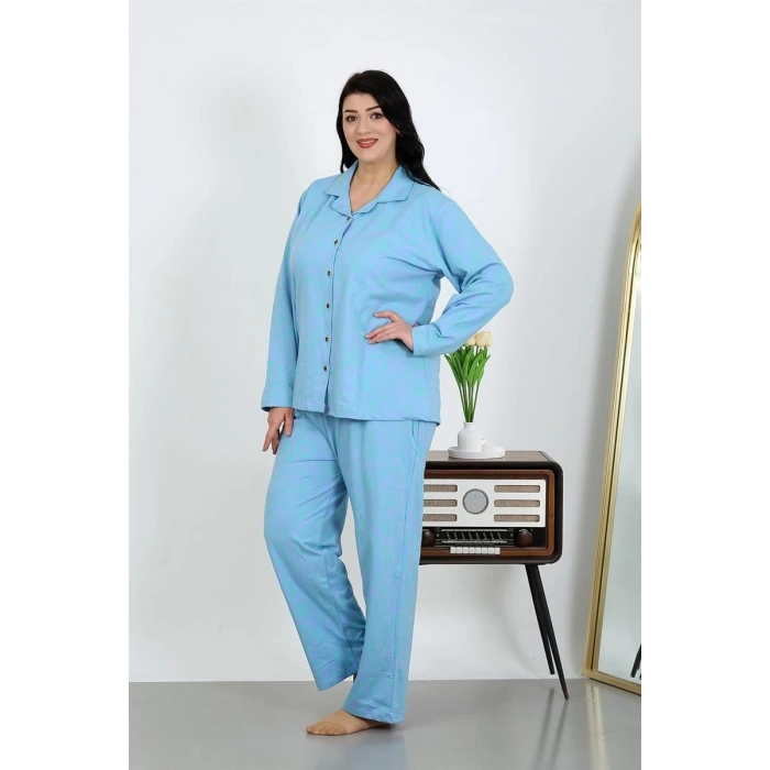 venüsshopping- Kadın Büyük Beden Pamuklu Cepli Düğmeli Mavi Pijama Takım