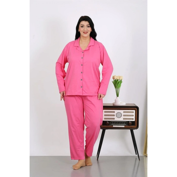 venüsshopping- Kadın Büyük Beden Pamuklu Cepli Düğmeli Pembe Pijama Takım