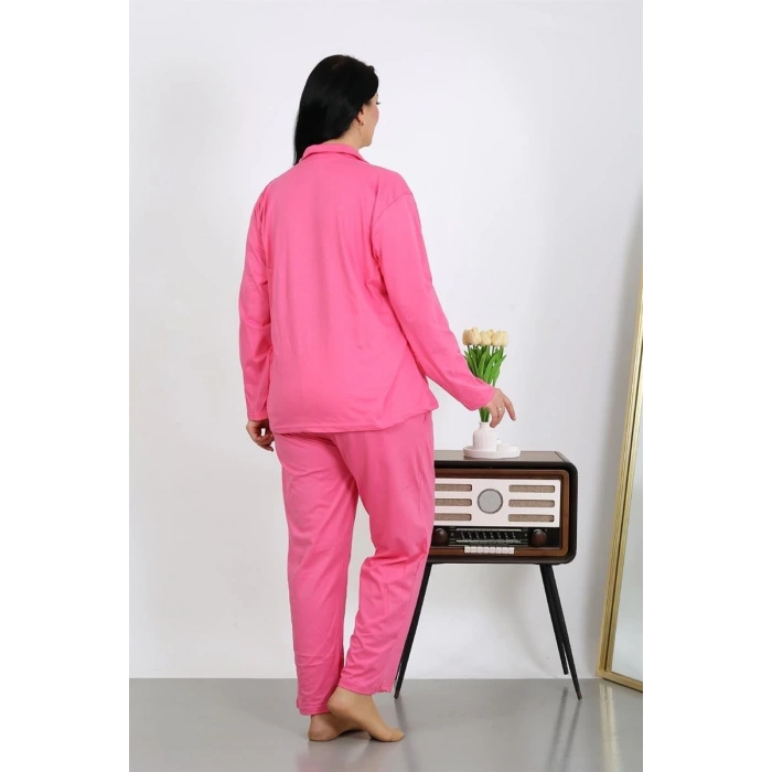 venüsshopping- Kadın Büyük Beden Pamuklu Cepli Düğmeli Pembe Pijama Takım