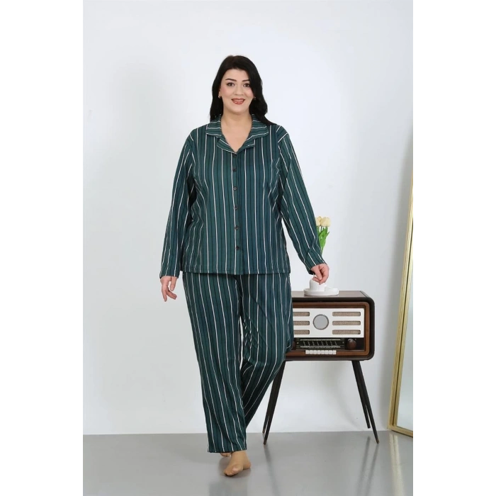 venüsshopping- Kadın Büyük Beden Pamuklu Cepli Düğmeli Petrol Pijama Takım