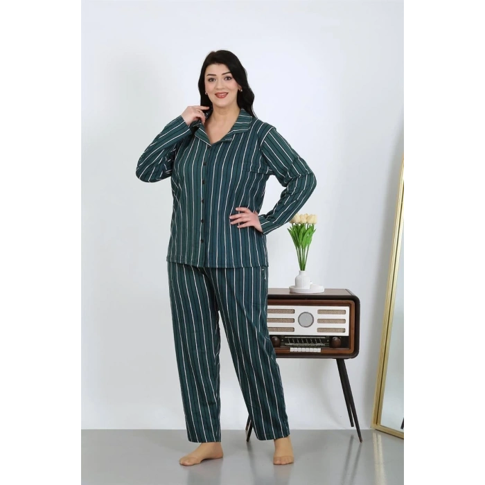 venüsshopping- Kadın Büyük Beden Pamuklu Cepli Düğmeli Petrol Pijama Takım
