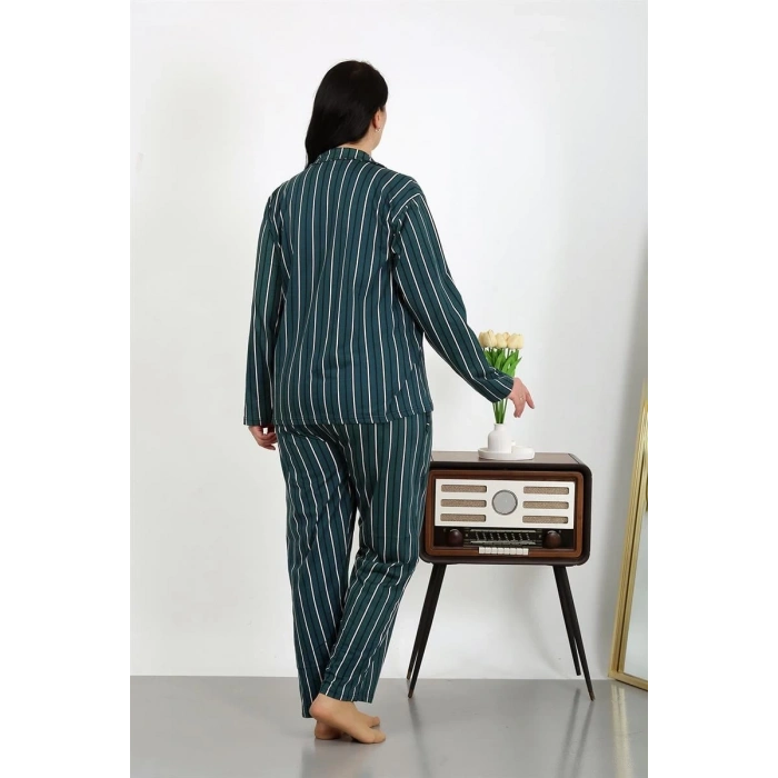 venüsshopping- Kadın Büyük Beden Pamuklu Cepli Düğmeli Petrol Pijama Takım