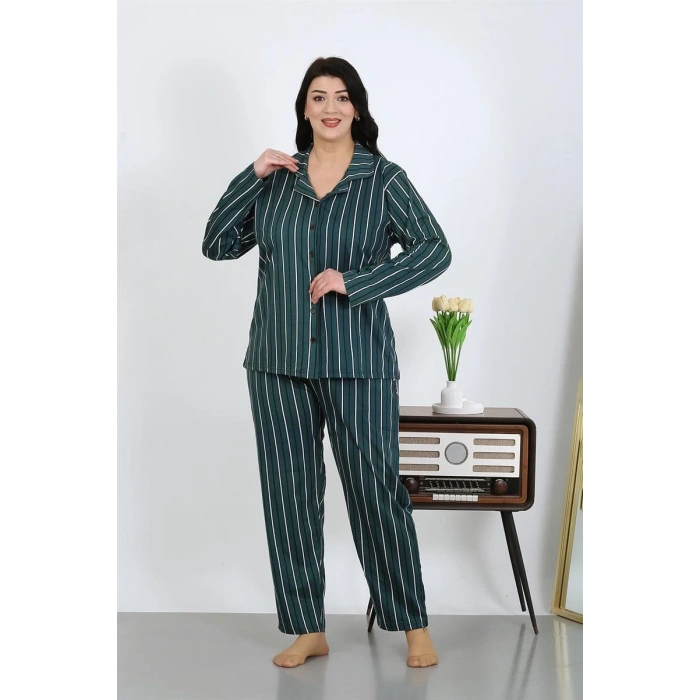 venüsshopping- Kadın Büyük Beden Pamuklu Cepli Düğmeli Petrol Pijama Takım