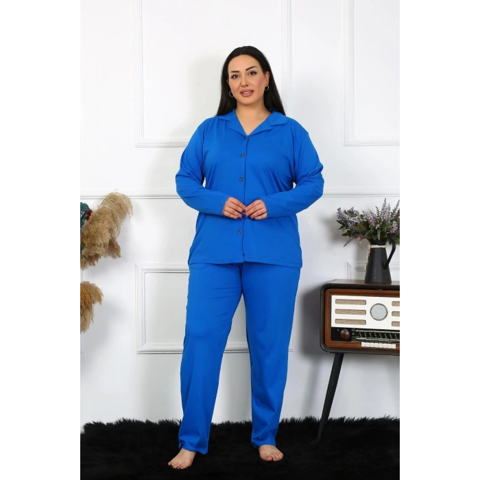 venüsshopping- Kadın Büyük Beden Pamuklu Cepli Düğmeli Saks Pijama Takım