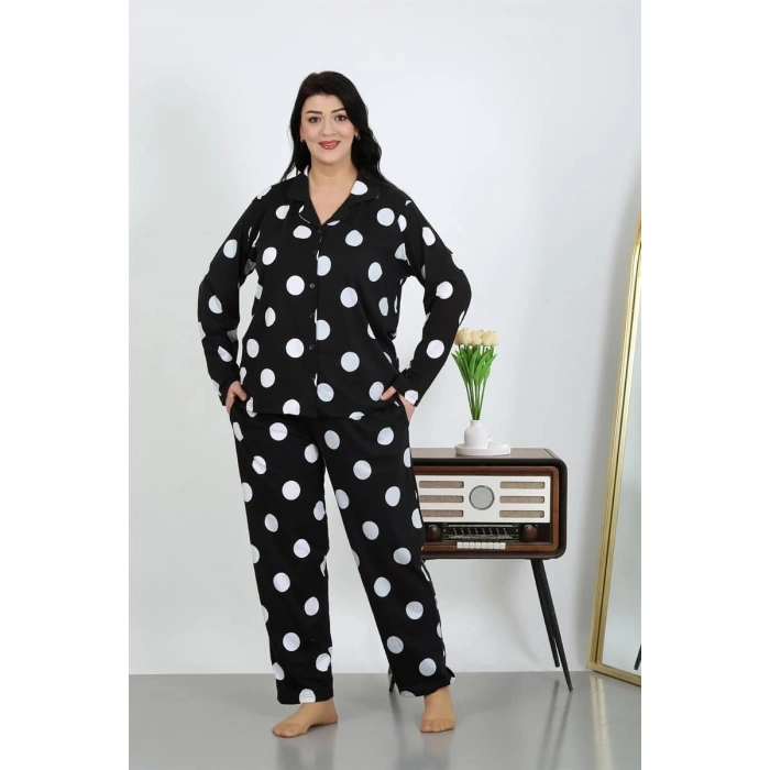 venüsshopping- Kadın Büyük Beden Pamuklu Cepli Düğmeli Siyah Pijama Takım