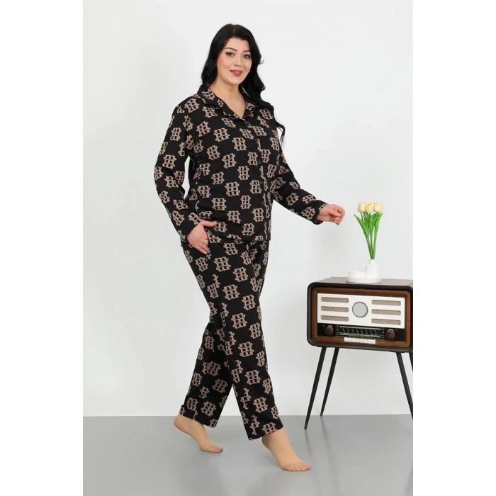 venüsshopping- Kadın Büyük Beden Pamuklu Cepli Düğmeli Siyah Pijama Takım