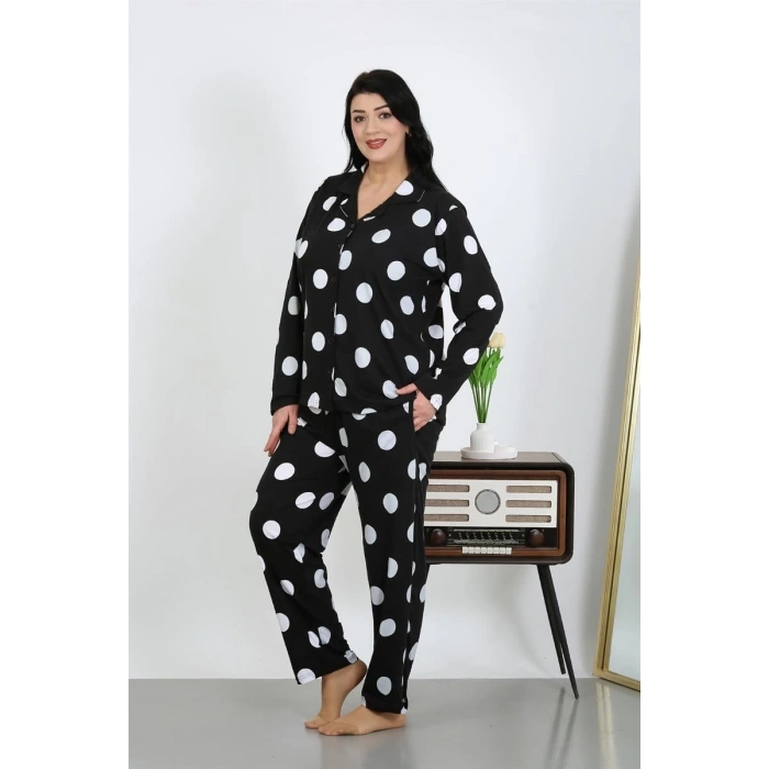 venüsshopping- Kadın Büyük Beden Pamuklu Cepli Düğmeli Siyah Pijama Takım