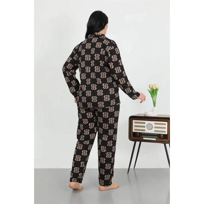 venüsshopping- Kadın Büyük Beden Pamuklu Cepli Düğmeli Siyah Pijama Takım