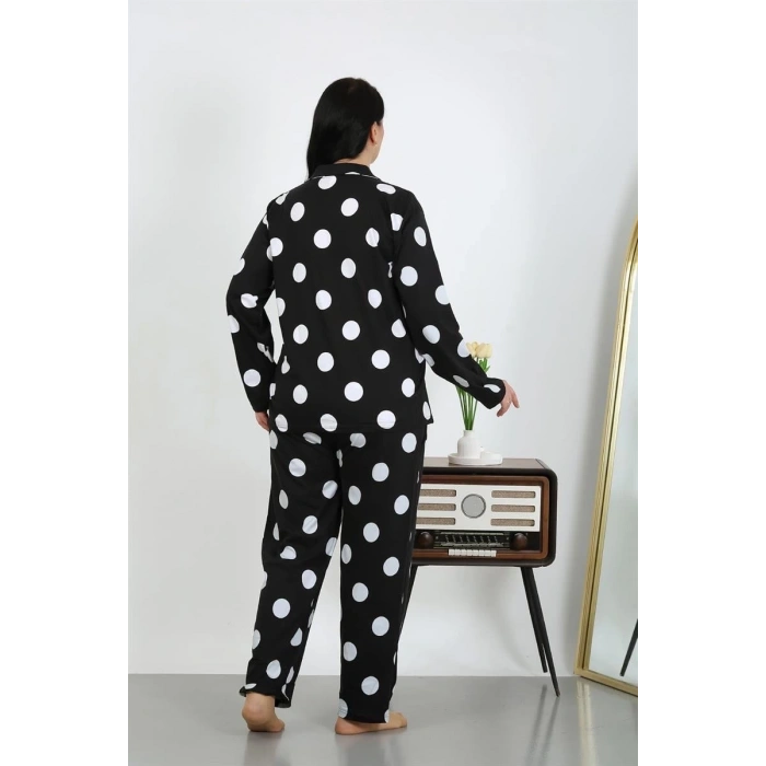 venüsshopping- Kadın Büyük Beden Pamuklu Cepli Düğmeli Siyah Pijama Takım