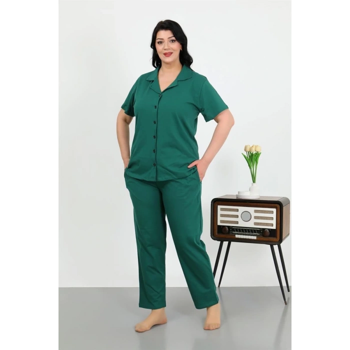 venüsshopping- Kadın Büyük Beden Pamuklu Cepli Düğmeli ZümrütYeşili Pijama Takım