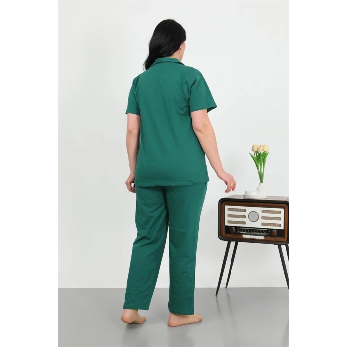venüsshopping- Kadın Büyük Beden Pamuklu Cepli Düğmeli ZümrütYeşili Pijama Takım