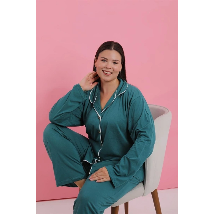 venüsshopping- Kadın Büyük Beden Petrol Rengi Düğmeli Pijama Takımı