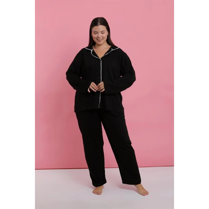 venüsshopping- Kadın Büyük Beden Siyah Düğmeli Pijama Takımı