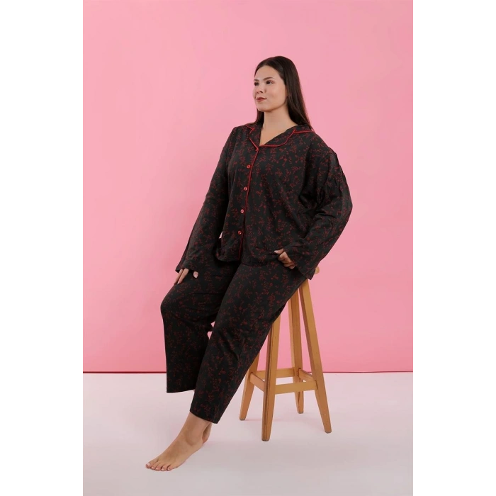 venüsshopping- Kadın Büyük Beden Siyah Kırmızı Çiçekli Düğmeli Pijama Takımı