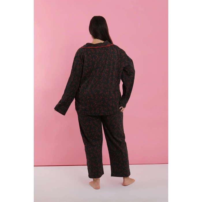 venüsshopping- Kadın Büyük Beden Siyah Kırmızı Çiçekli Düğmeli Pijama Takımı