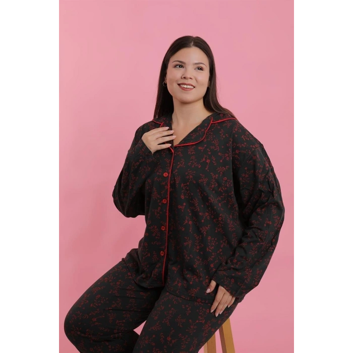 venüsshopping- Kadın Büyük Beden Siyah Kırmızı Çiçekli Düğmeli Pijama Takımı