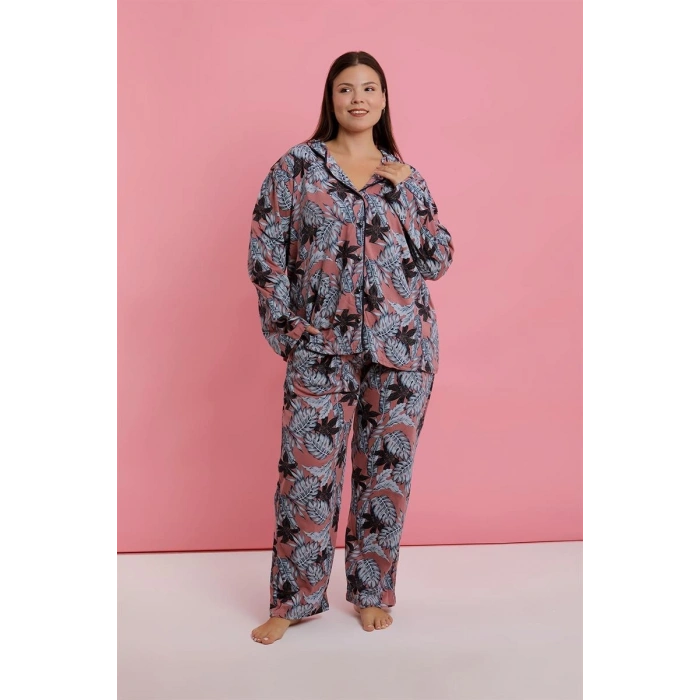 venüsshopping- Kadın Büyük Beden Somon Yaprak Desenli Düğmeli Pijama Takımı